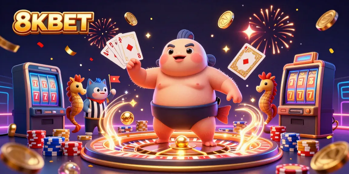 Engage in thrilling gameplay with 8KBET while the blowfish sumo wrestler and friends celebrate wins and jackpots.