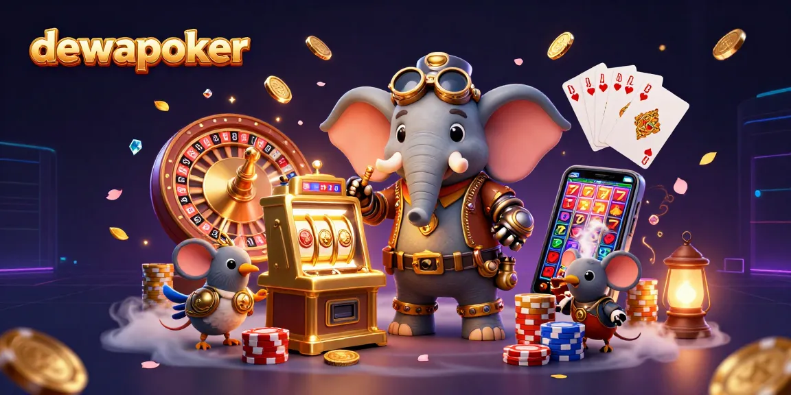 Dewapoker features a steampunk elephant operating a slot machine amidst a vibrant casino environment.