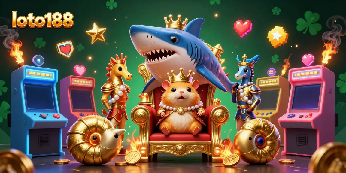 Experience the excitement of loto188 with a vibrant 3D casino scene featuring a golden hamster king on a megalodon throne.