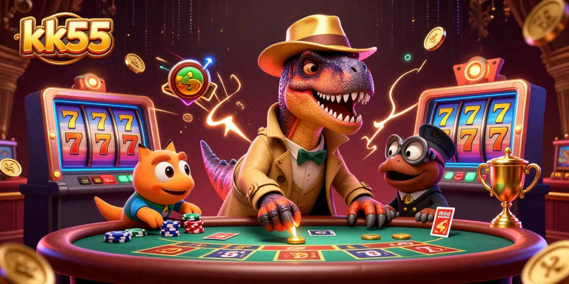 kk55 card counter in a busy casino, showcasing vibrant slot elements and a playful scene.