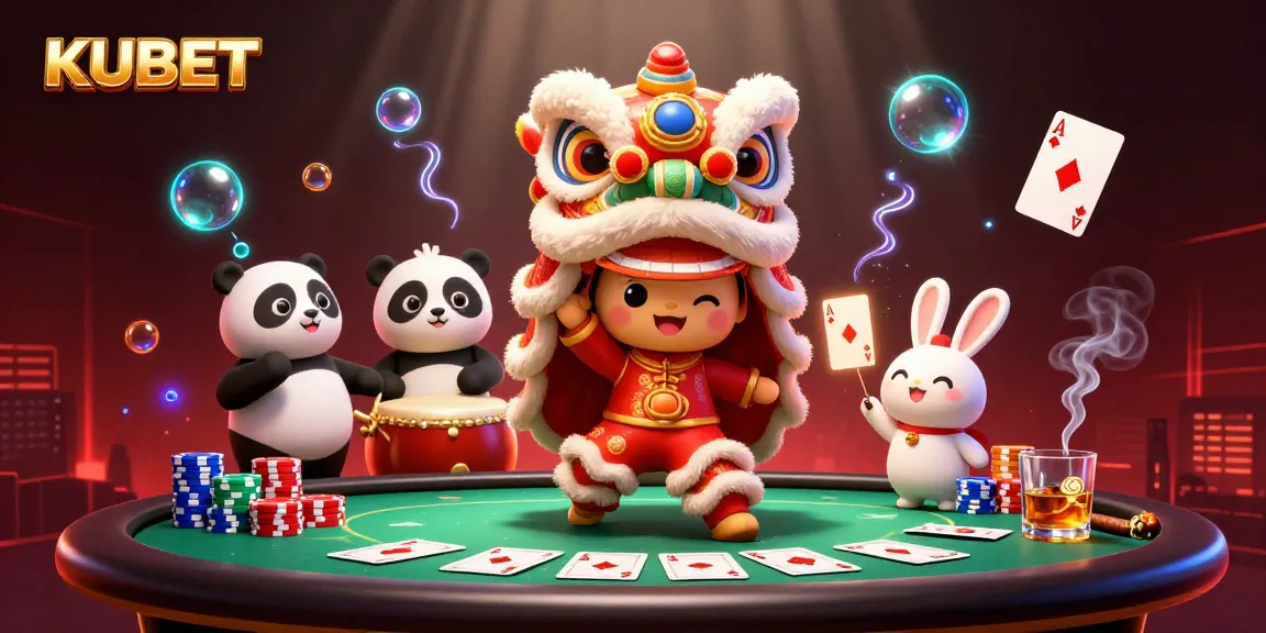 KUBET players enjoying a vibrant casino scene with characters in a lion dance, poker elements, and festive decorations.