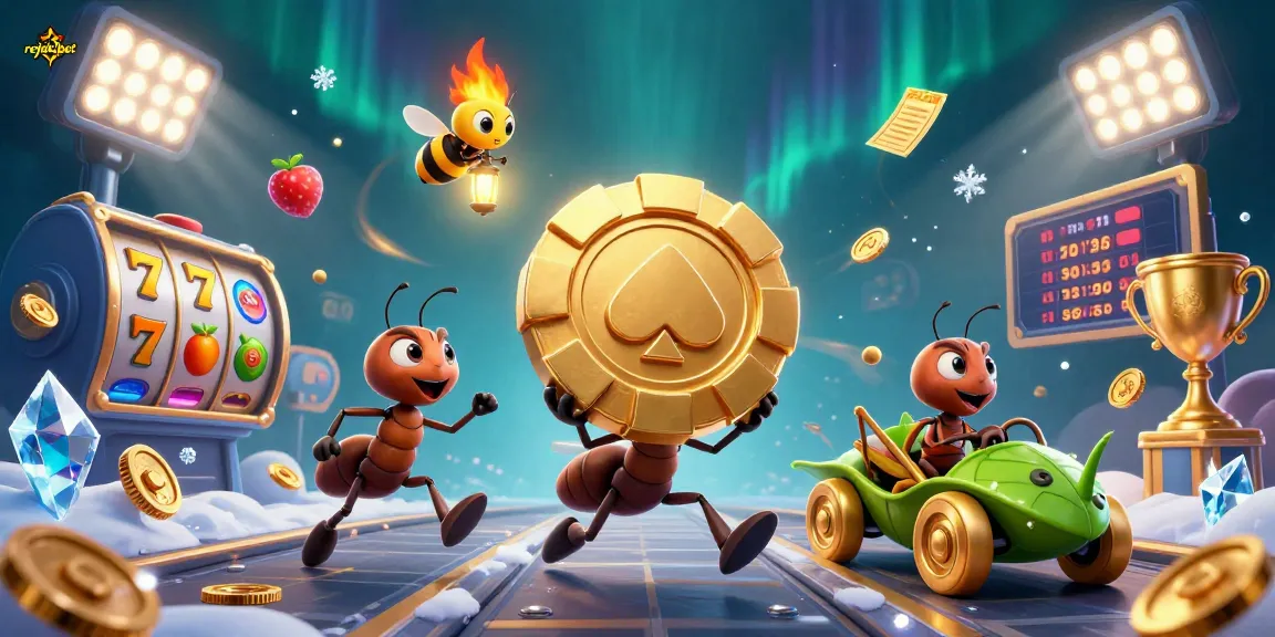 Experience the excitement of rejekibet with dynamic 3D visuals featuring playful ants and casino themes.