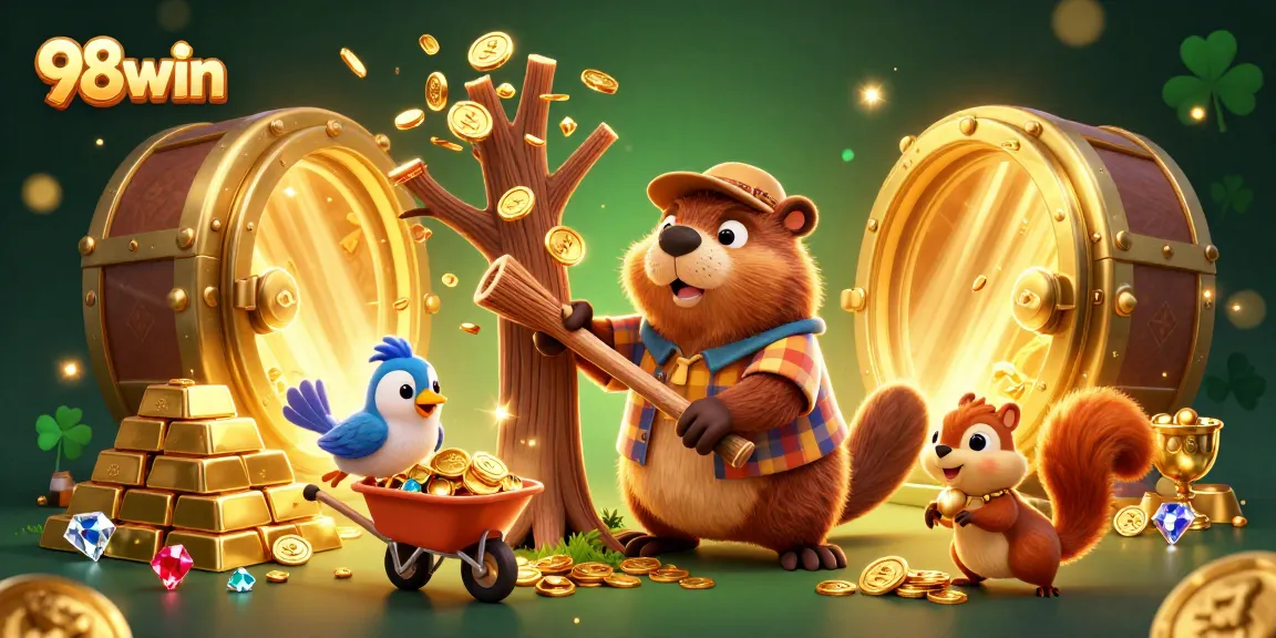 Spin and win with 98win's colorful online casino adventure, featuring vibrant characters and golden treasures.