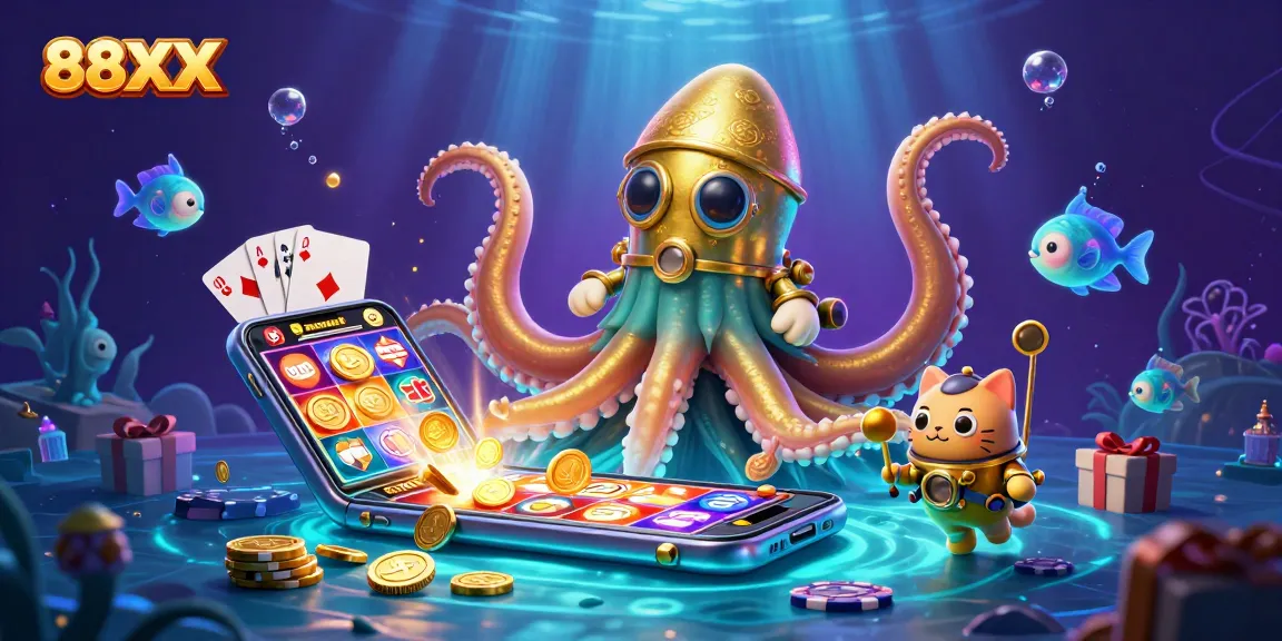 Play thrilling games at 88XX casino, featuring magnificent kraken and diving cat in a vibrant underwater world.