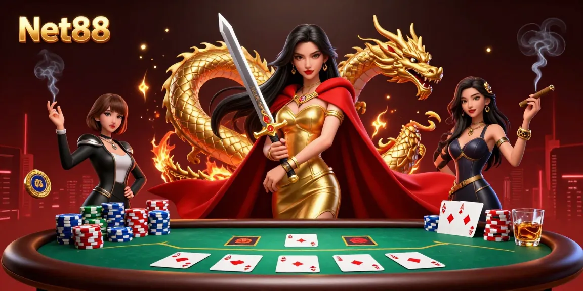 Engage in thrilling poker at Net88 with vibrant elements and an epic warrior queen.