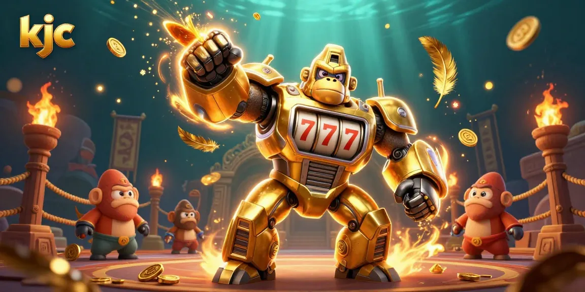 Experience thrilling gaming action with KJC and the golden gorilla mech in an exciting casino scene.