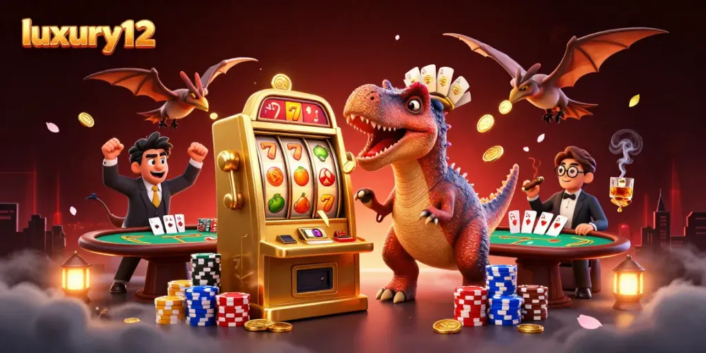 luxury12 menggambarkan dinosaur pachycephalosaurus yang menyeruduk mesin slot emas, menghasilkan koin jackpot bersinar