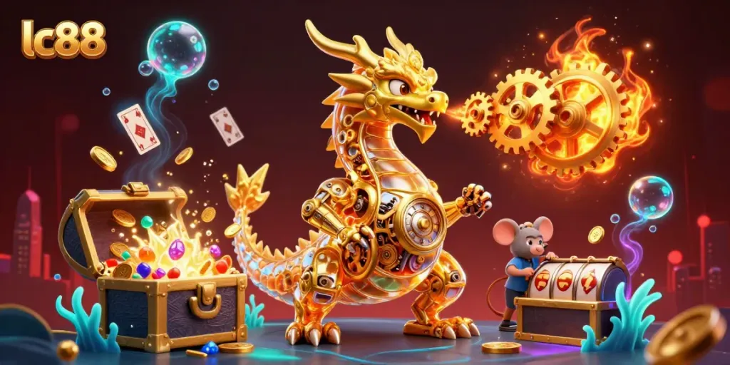 Experience the thrill of lc88 casino with a golden dragon and dynamic gaming elements.