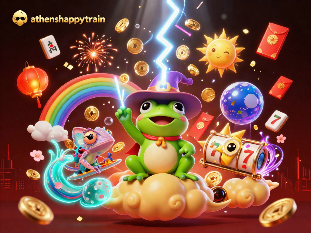 Experience the thrill of athenshappytrain with a vibrant 3D illustration of a weather wizard and chameleon in a casino-themed scene.