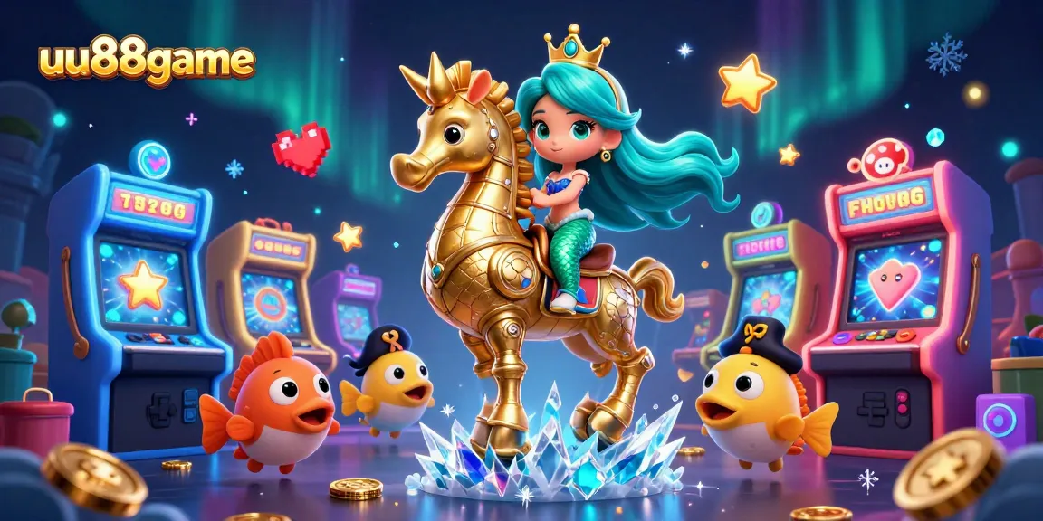 Play exciting games at uu88game with vibrant mermaids, seahorses, and gaming elements.