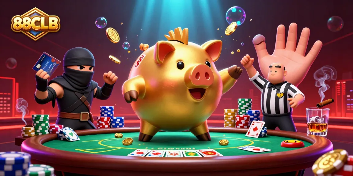 Engage in dynamic gambling action at 88CLB with a golden piggy bank sumo wrestler, wallet-ninja, and samurai referee.