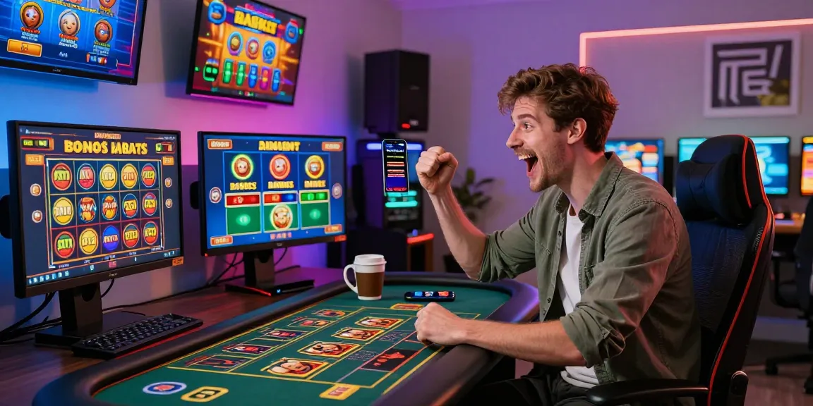 Player celebrating a win at bonus buy slots, modern gaming setup with vibrant atmosphere.