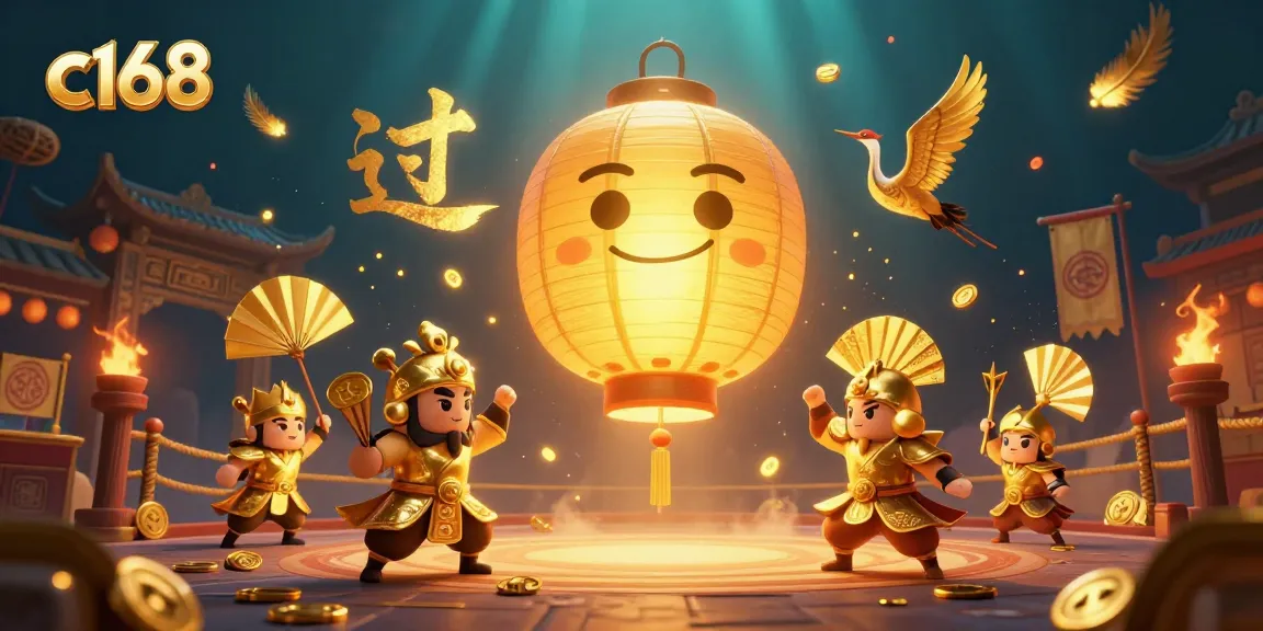 C168 casino features a golden lantern spirit with warriors amidst swirling golden elements in a festive atmosphere.