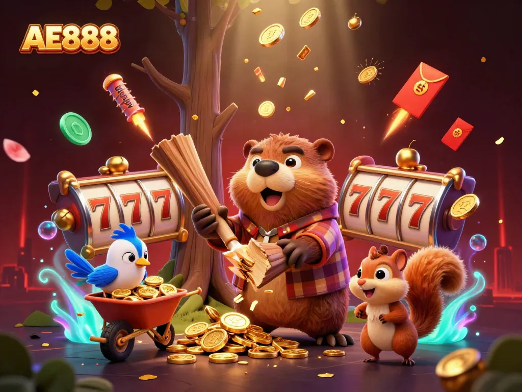 Spin and win at AE888 with cartoon characters collecting golden coins and gaming elements!