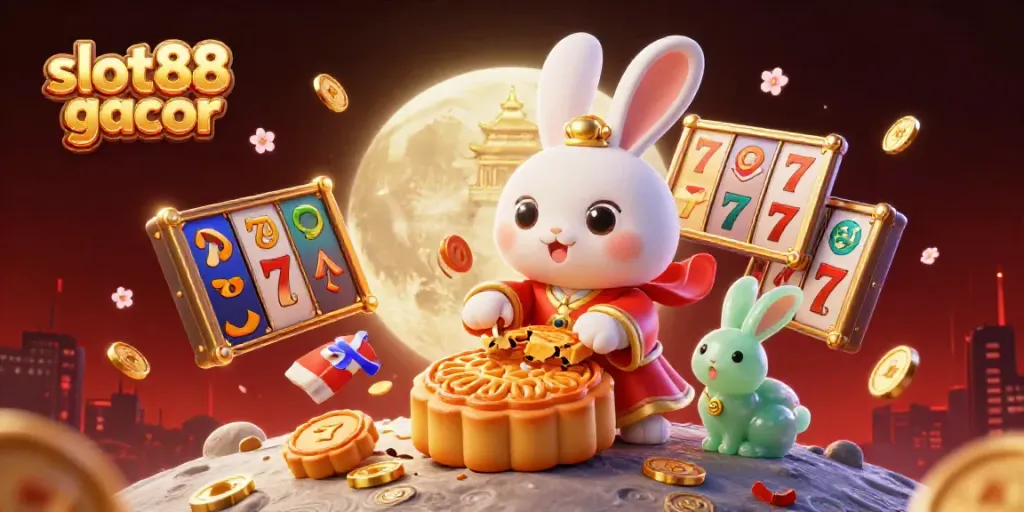 Permainan slot88 gacor dengan kelinci bulan tradisional, simbol slot, dan suasana kasino yang kaya.