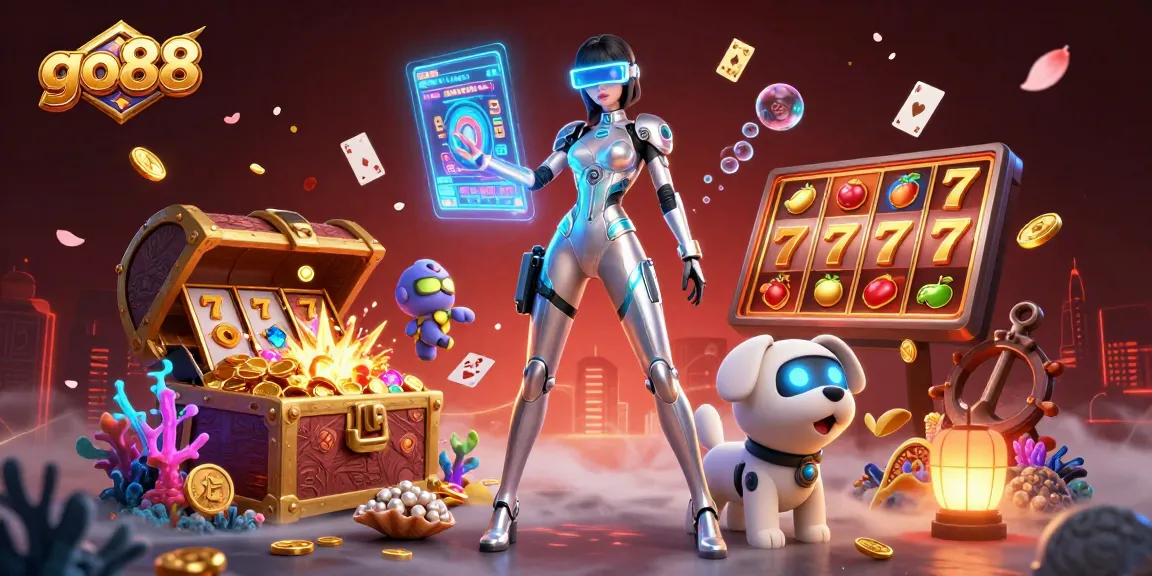 Experience thrilling gameplay with go88's engaging slots and lottery action, showcased in a vibrant illustration.