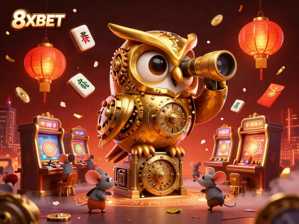 Experience the thrilling atmosphere of 8XBET with a clockwork owl and wind-up mice in this rich casino scene.
