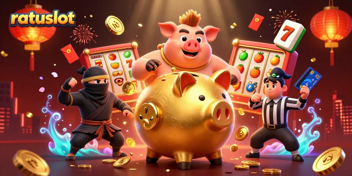 Action-packed illustration of ratuslot featuring a sumo wrestler piggy bank amid dynamic casino elements and glowing decorations.