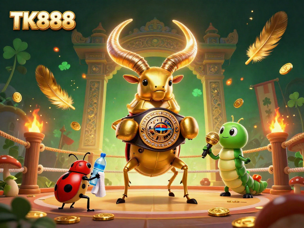 Experience thrilling wins at TK888 with a dynamic scene of a golden stag beetle boxing champion amidst gambling elements.