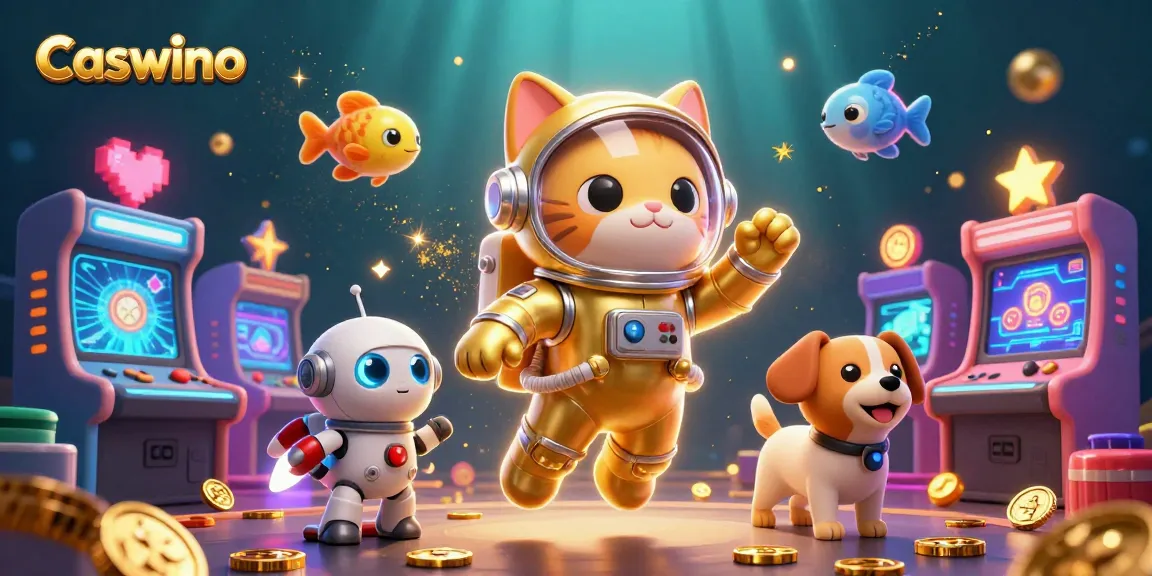 Experience the excitement of Caswino with dynamic game characters floating in a vibrant cosmic scene.