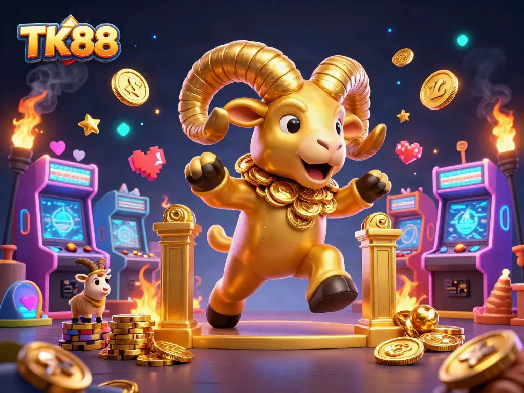 Engage with TK88's vibrant casino world, featuring a golden ram charging through a colorful arcade landscape.
