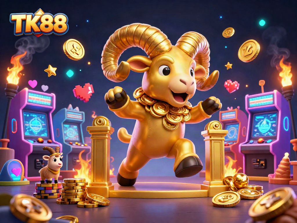 Engage with TK88's vibrant casino world, featuring a golden ram charging through a colorful arcade landscape.