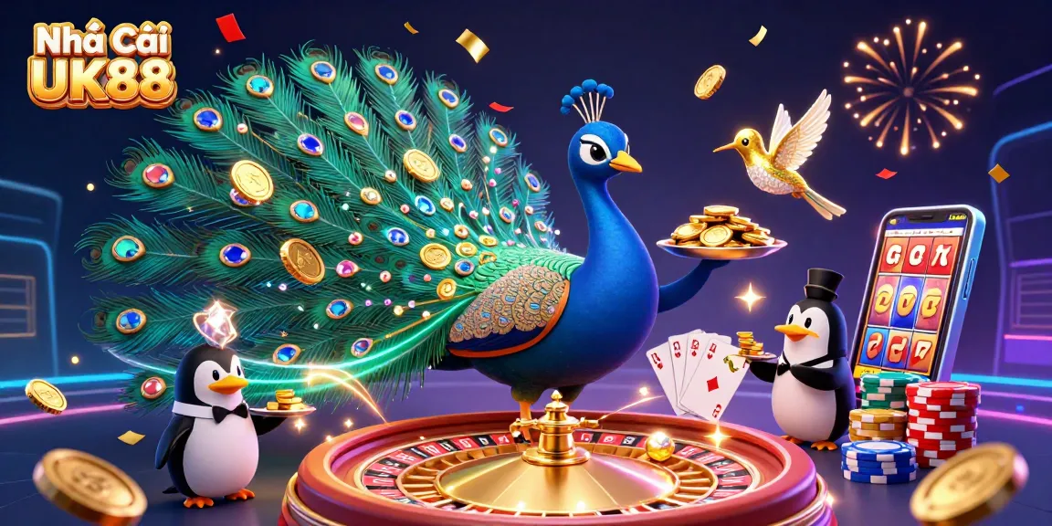 Engage with Nhà Cái UK88 in a thrilling atmosphere filled with rich casino elements and colorful characters.