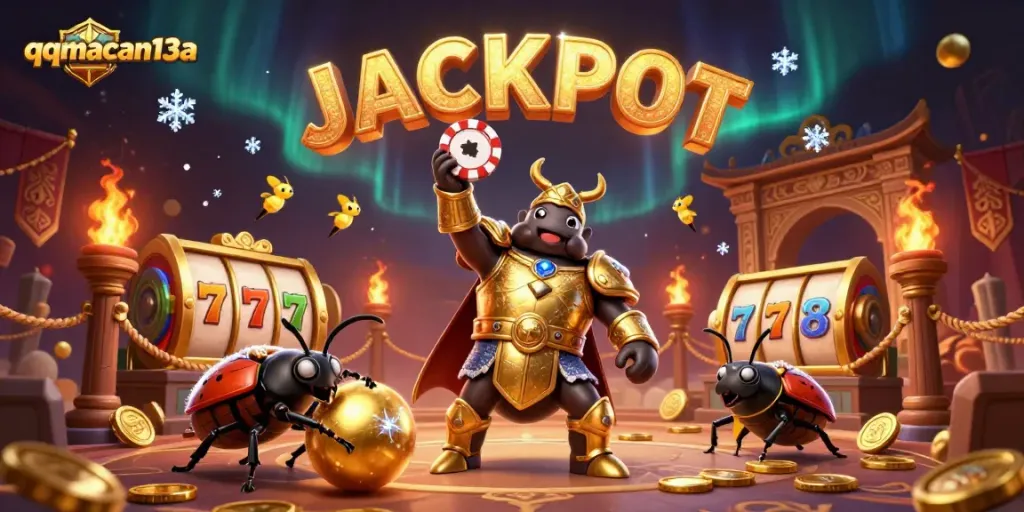 Experience thrilling wins at qqmacan13a with a cartoon beetle lifting poker chip amidst dynamic gaming elements.