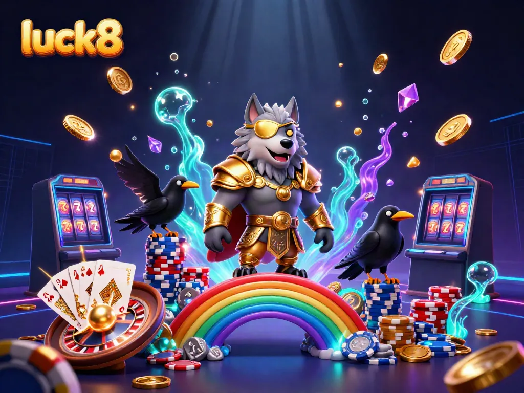 Luck8 brings excitement with a Norse wolf and ravens amidst casino elements for online gaming.