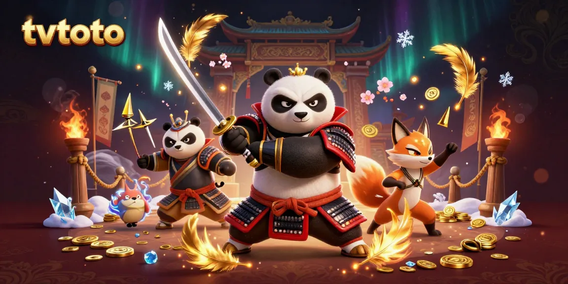 Experience the thrill of TVTOTO with a dynamic scene of samurai panda and ninja fox revealing exciting gaming elements.