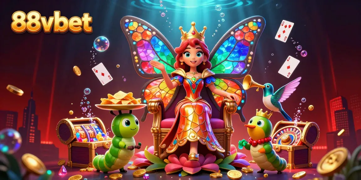 Engage in thrilling casino action with vibrant 88vbet imagery showcasing a dynamic butterfly queen amidst sparkling treasures.
