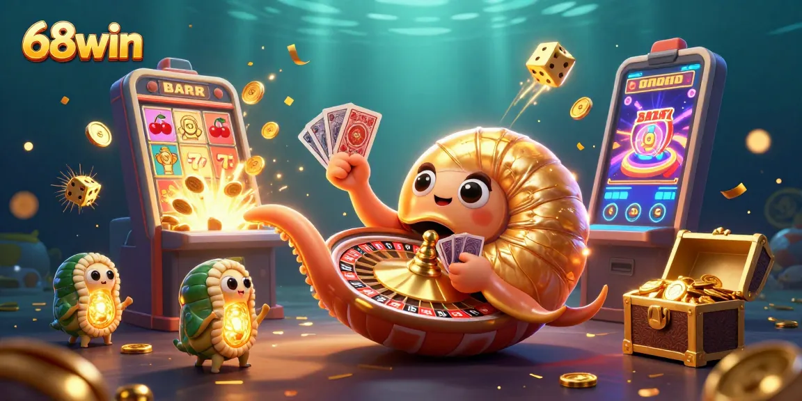 Spin the reels with 68win's giant nautilus in this vibrant casino scene filled with jackpots and thrilling gaming elements.