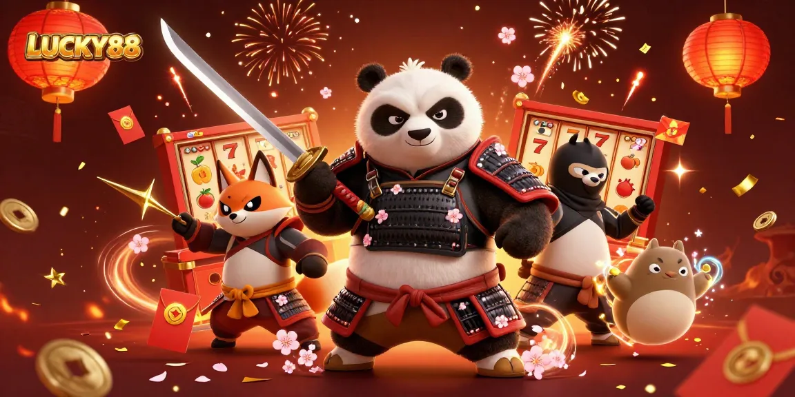 Spin the reels at LUCKY88 with our fierce characters celebrating wins amid golden confetti.