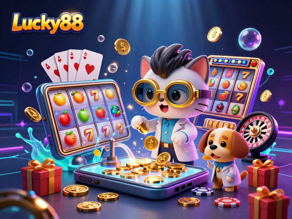 Lucky88 captures thrilling gameplay with a mad scientist cat and dog amidst spinning reels and coins.