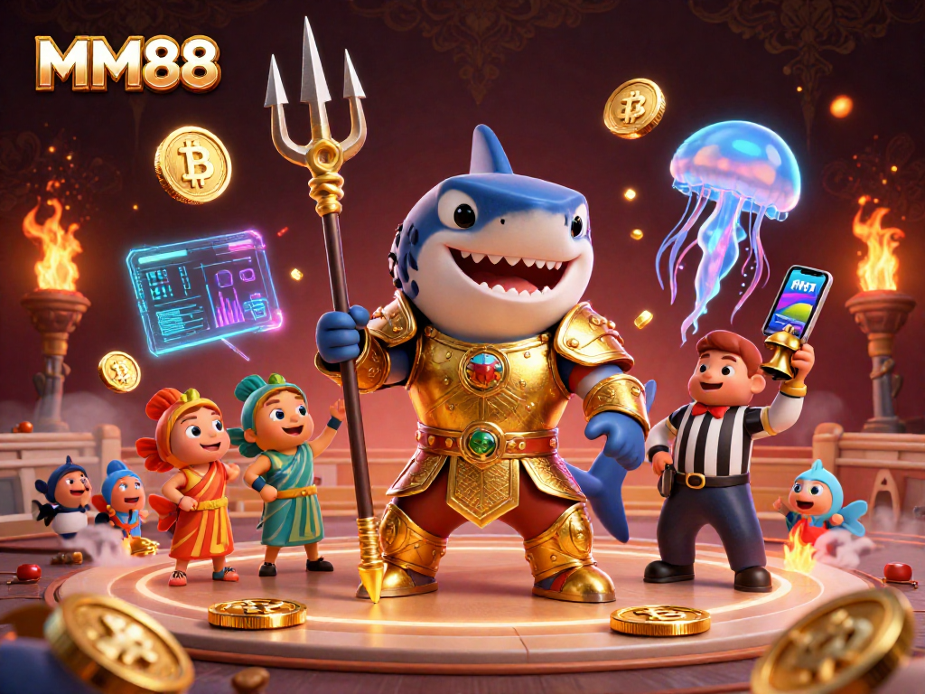 Experience the excitement of MM88 with a dynamic underwater casino scene featuring vibrant characters and elements.