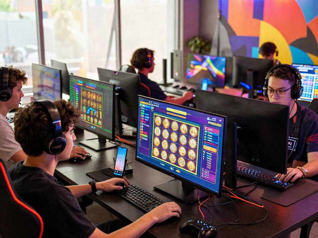 Group of players immersed in akunjp multiplayer gaming experience, vibrant screens and modern lounge setting.