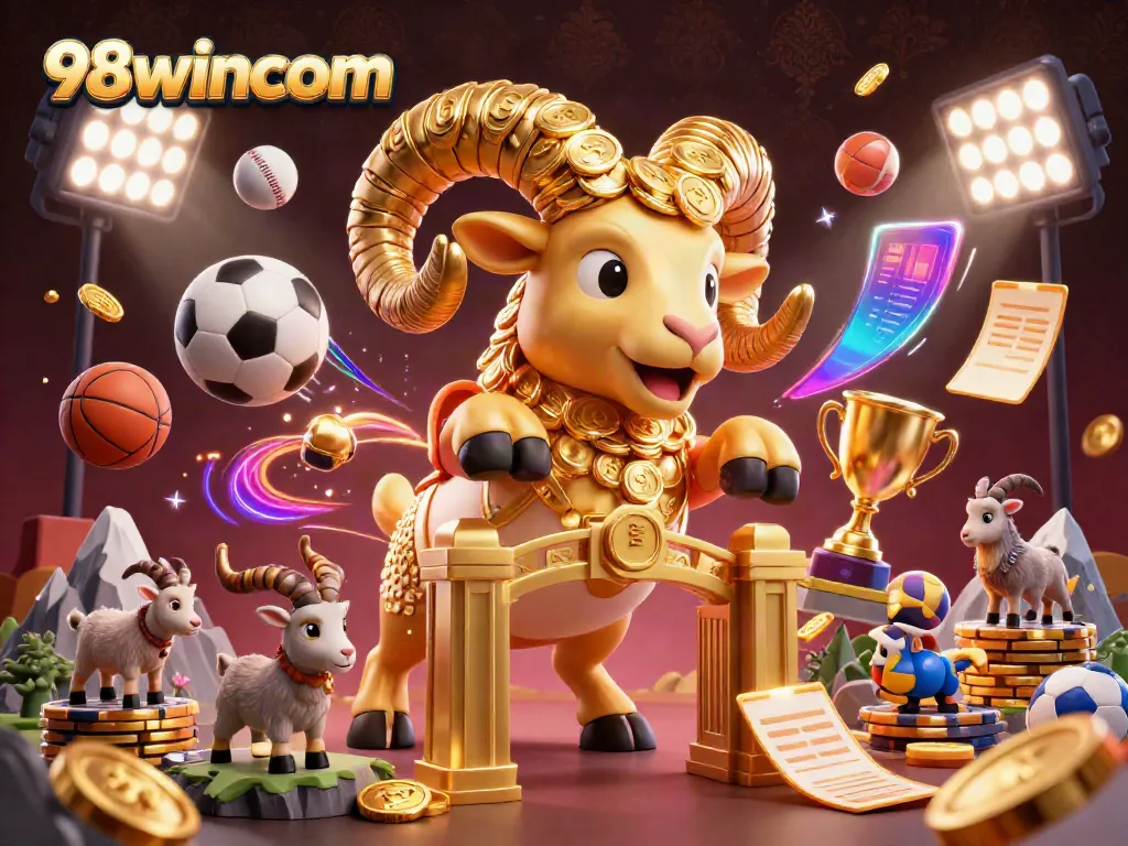 Engage with 98wincom in an exciting 3D illustration showcasing a golden ram amidst dynamic sports betting elements.