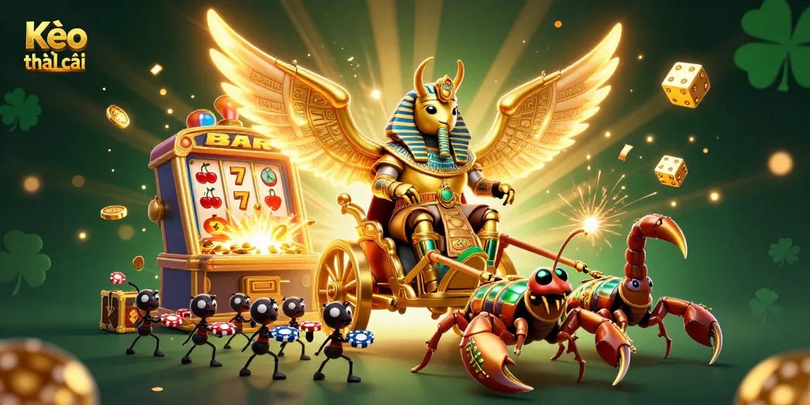 Kèo nhà cái showcases a dramatic scene with a golden scarab beetle, slot machine symbols, and glowing coins in dynamic action.
