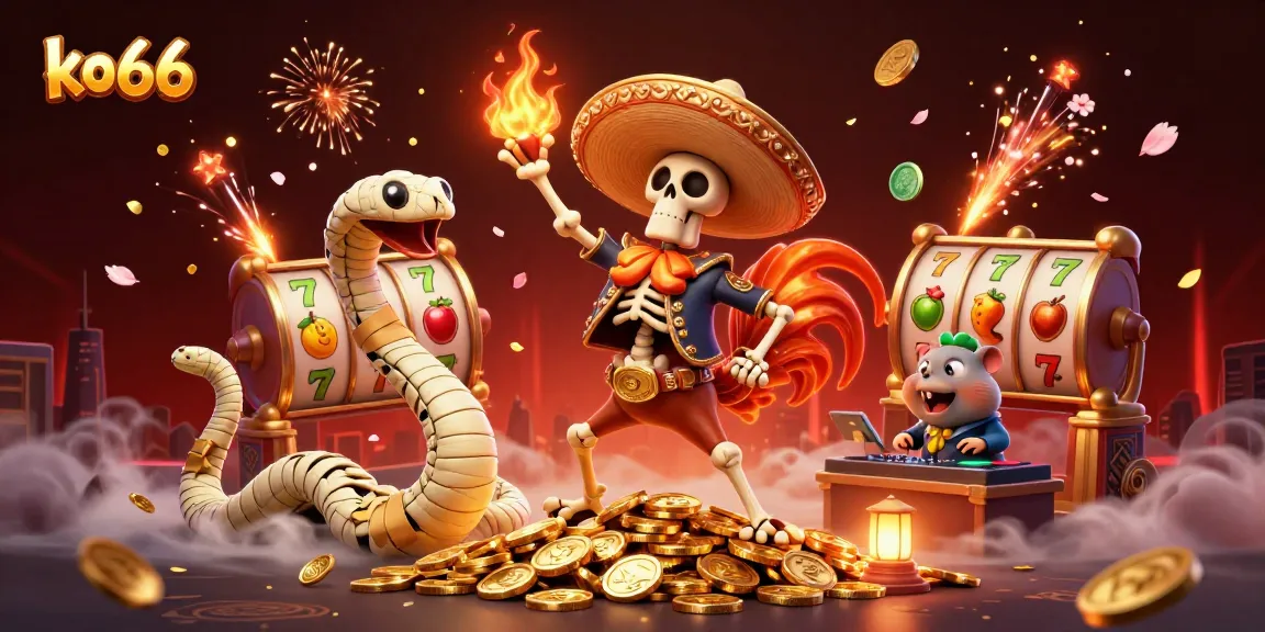 Join the excitement at ko66 as the mariachi rooster celebrates wins among golden coins and slot reels.