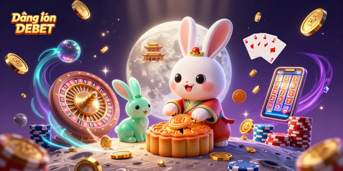 Engage in Đăng nhập DEBET with a vibrant scene of moon rabbits among casino elements
