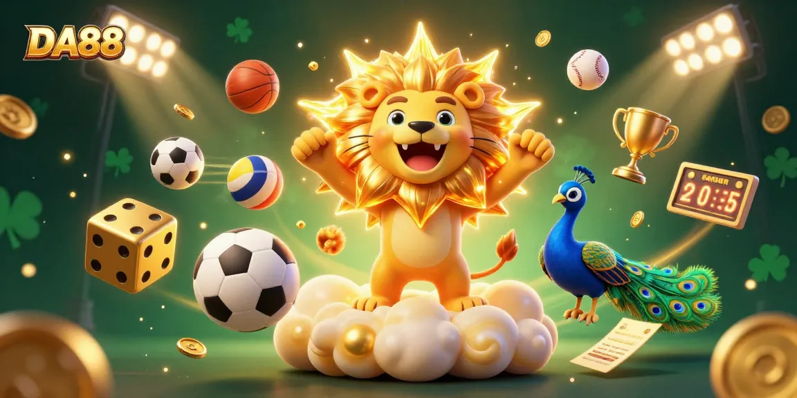 Experience exciting DA88 sports betting action with a dynamic illustration of a roaring sun lion, golden dice, and vibrant sports elements.