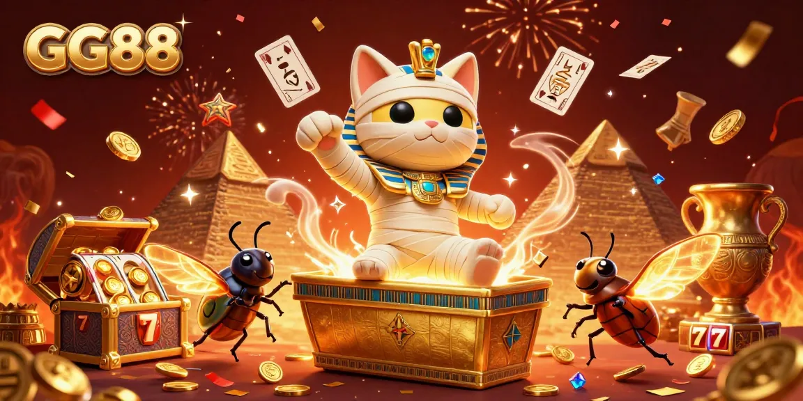 Experience dynamic casino thrills with GG88 in this vibrant 3D illustration featuring a mummy cat.