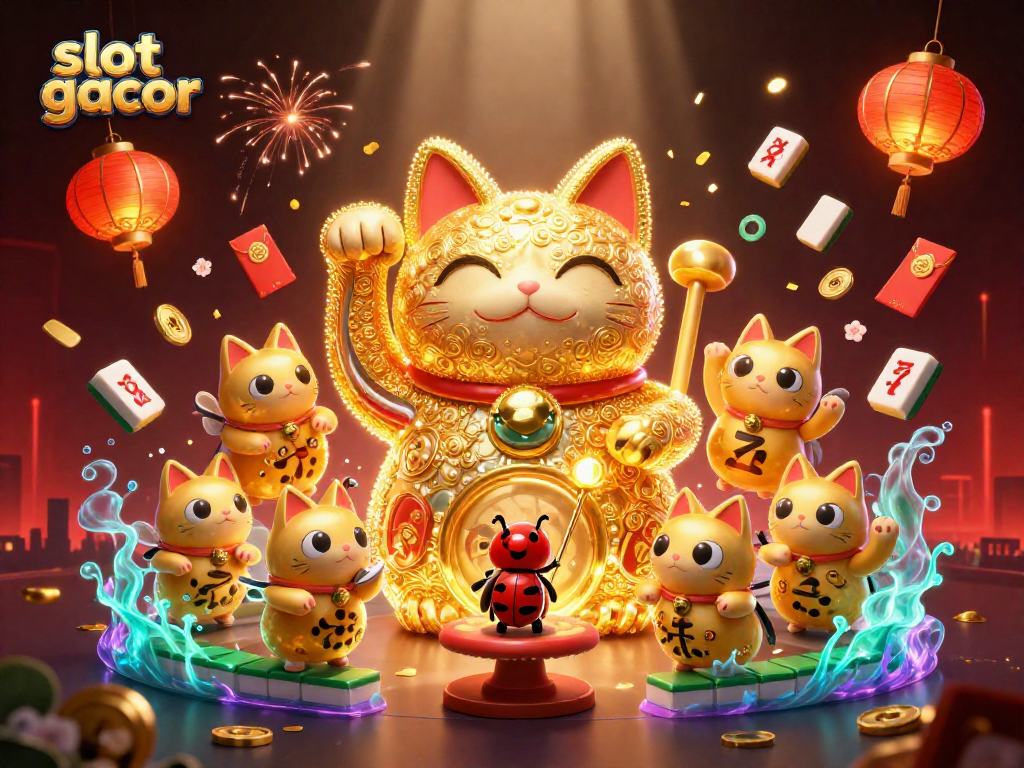 Permainan slot gacor dengan kucing keberuntungan yang dikelilingi oleh simbol dan elemen kasino lainnya.
