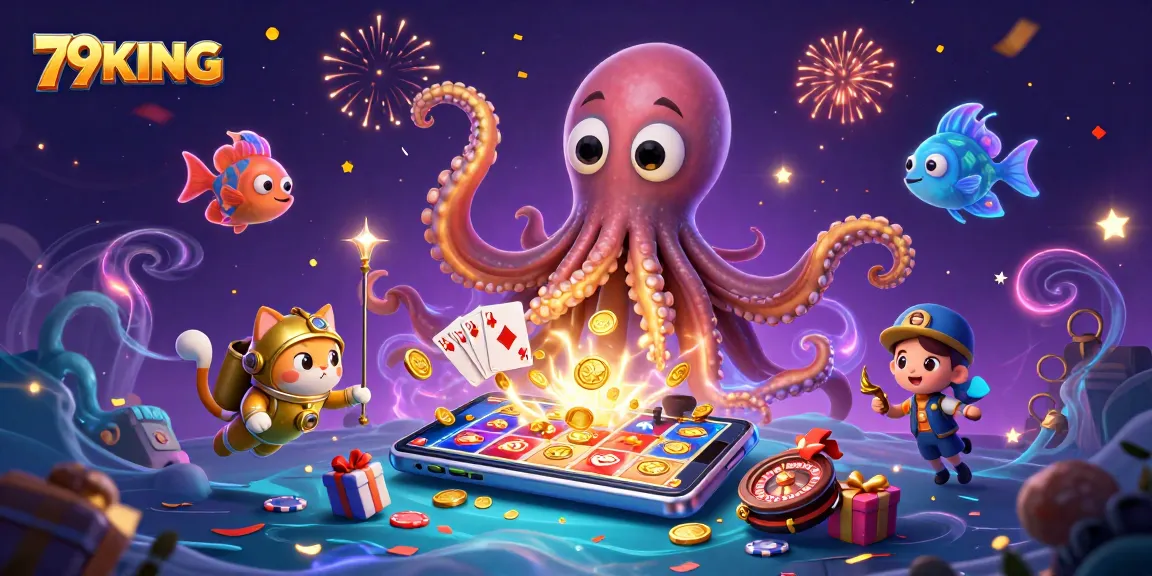 Play colorful slot games with fantastic treasures at 79KING, featuring a kraken and diving cat.