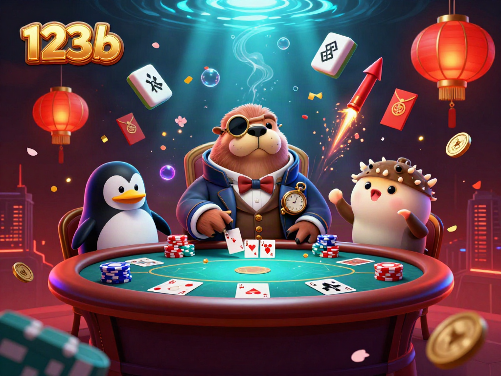 Experience the thrill of 123b poker with animated walrus, penguin dealer, and pufferfish player!