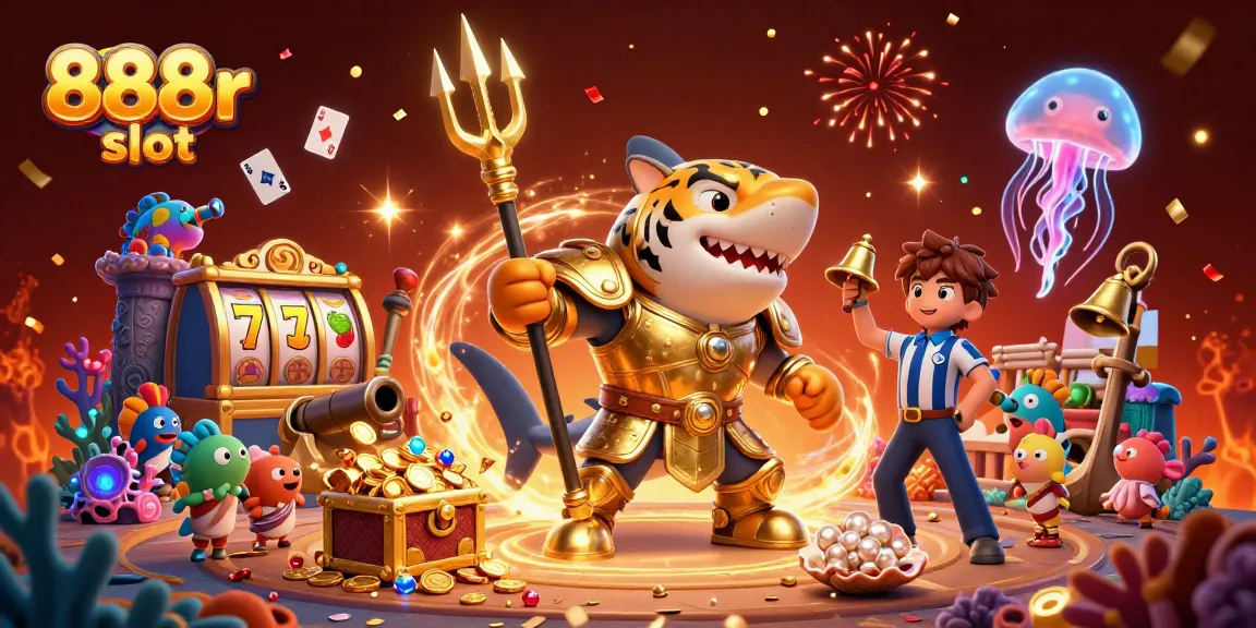 Engage with exciting 888r slot action featuring a golden shark and vibrant underwater reels.