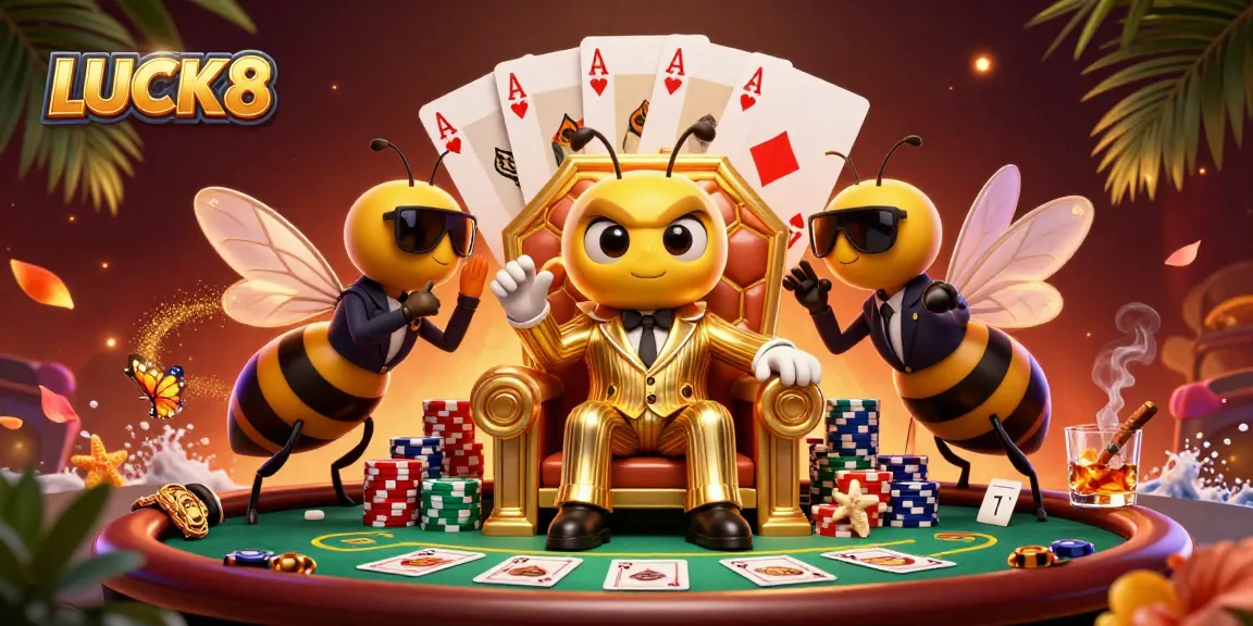 LUCK8 card game scene with a cartoon bumblebee mob boss surrounded by poker elements.