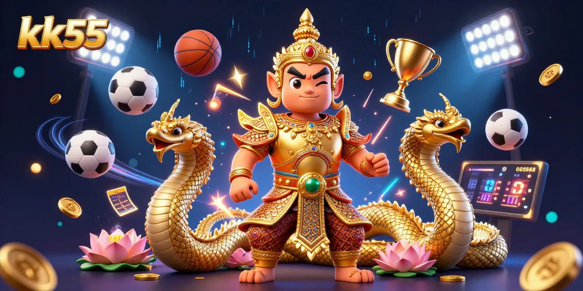 Experience thrilling betting with kk55's vibrant 3D illustration showcasing games, guardians, and trophies.