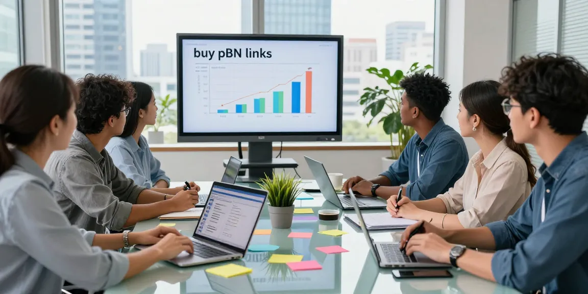 Team discussing strategies to buy pbn links in a modern office setting with laptops and presentation materials.