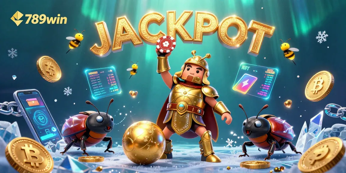 Experience the thrill of 789win as a beetle hero lifts a poker chip amid dazzling casino elements.